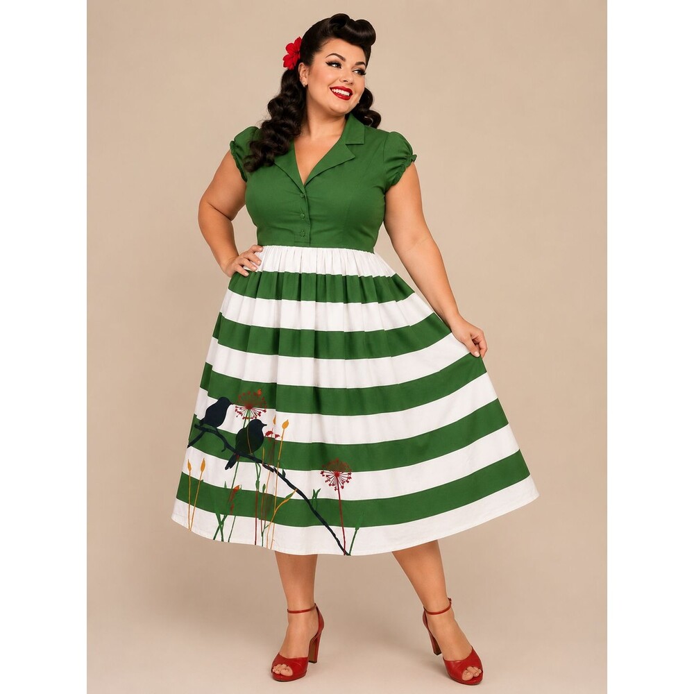 eShakti Green White Bird Embroidered Midi Dress Fit Flare Sz 2X Artsy Whimsical